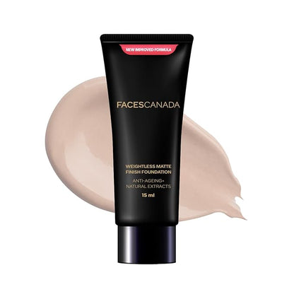 FACES CANADA Weightless Matte Finish Foundation - Natural 02, 18 ml | Ultra Blendable Smooth Texture | Natural Matte Finish | Anti-Ageing | Grape Extract, Shea Butter, Olive Seed Oil Enriched