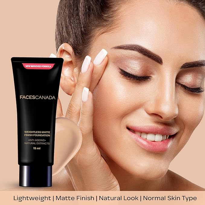 FACES CANADA Weightless Matte Finish Foundation - Natural 02, 18 ml | Ultra Blendable Smooth Texture | Natural Matte Finish | Anti-Ageing | Grape Extract, Shea Butter, Olive Seed Oil Enriched