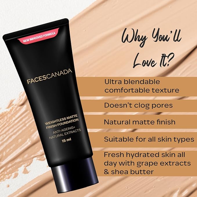 FACES CANADA Weightless Matte Finish Foundation - Natural 02, 18 ml | Ultra Blendable Smooth Texture | Natural Matte Finish | Anti-Ageing | Grape Extract, Shea Butter, Olive Seed Oil Enriched